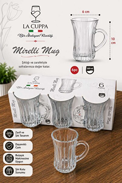 Herza House Mirelli Mug 6'lı Kulplu Cam Çay ve Kahve Bardağı Seti - 160 ml