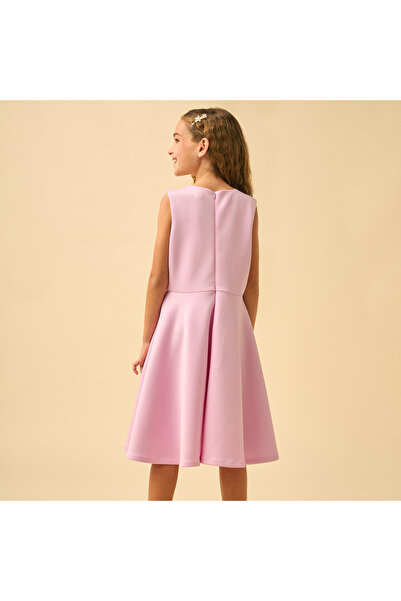 Juniors Round Neck Sleeveless Knee Length A-line Dress with 3D Floral Applique