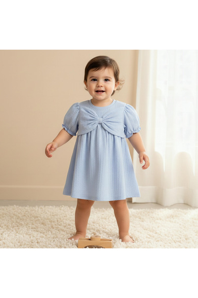 Juniors Round Neck Short Sleeve Dress with Bow Accent