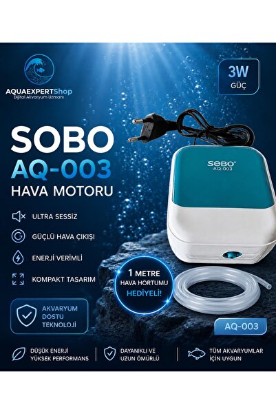 Sobo Tek Çıkışlı Ultra Sessiz Akvaryum Hava Motoru - 1 Metre Hava Hortumu Hed...