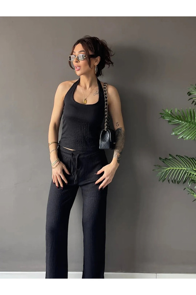 5546 Bürümcük Kumaş Askılı Body ve Pantolon İkili Takım