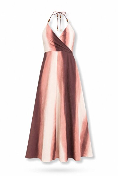 5in1Canpolat Beige Double-Breasted Collared Midi Dress