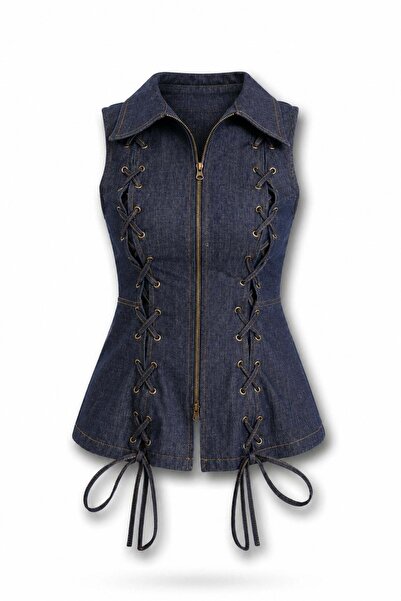 5in1Canpolat Vestă din denim albastru închis cu detaliu ochi de pasăre 37517