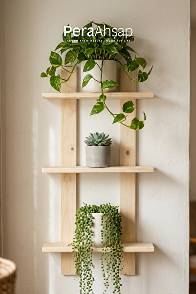 PeraWooden Pera Wooden Fence Floral Üç Raflı Ahşap Çiçeklik Rafı 66x32 cm