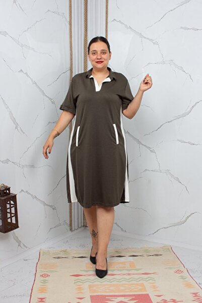 Truva XXL Plus Size Polo Collar Khaki Modal Cotton Combed Cotton Dress
