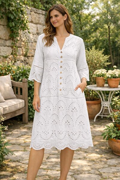 MELTEM COLLECTION FİSTO VE DÜĞME DETAYLI MÜSLİN ELBİSE