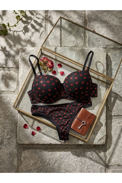 Parıltılı Kalp Desenli Push-Up Lingerie İç Çamaşırı Takım