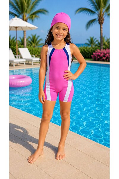 Kuzucuk Kids Bebek Çocuk Butik Kız Çocuk Şortlu Yüzücü Mayo Takımı Pembe Bone...
