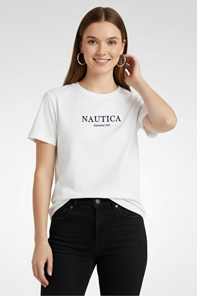 Nautica Women Crew Neck Short Sleeve Embroidered Logo T-Shirt, White