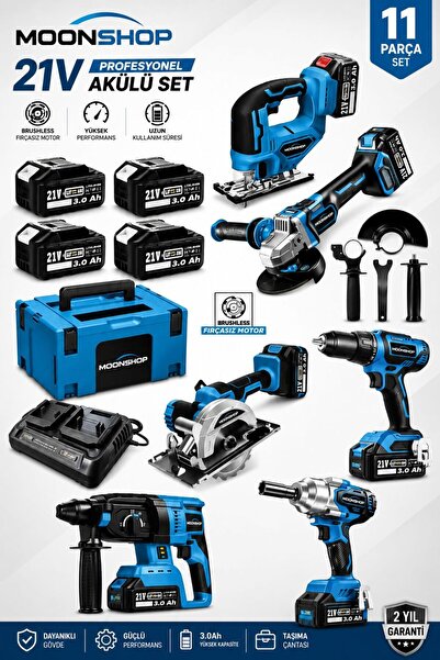 MOONSHOP 21V 1084 11 Parça Akülü Set Fırçasız Motor Darbeli Matkap Kırıcı Del...