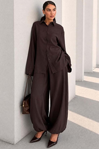Madmext Brown Oversize Shirt Balloon Pants Women's Set Mg2779