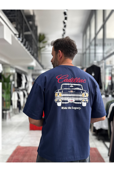 BYBASICMAN Mornarsko plava Cadillac majica sa printom, prevelika, RES-1110