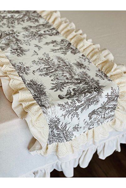 HOME OF BLOSSOM Kahverengi Fransız köylüler desen fırfırlı runner 40x120cm