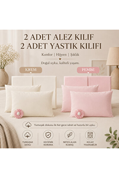 OGUZ ATA CONCEPT 4'lü Yastık Kılıfı 2 Adet Pamuk Sıvı Geçirmez 2 Adet Pamuk Y...