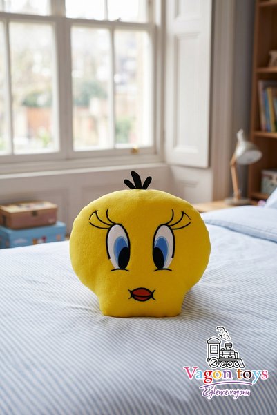vagontoys Tweety Plush Pillow – Yellow Plush Toy with Soft Textured Silicone Fiber Filling - 30 cm
