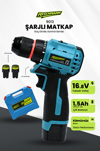 RESCHMANN R-9013 16,8v Kömürsüz Motor Çelik Mandren 36 Parça Şarjlı Matkap Ak...