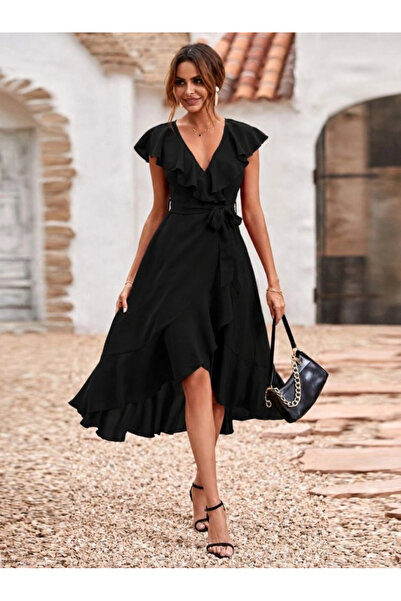 Butik Women's Short Sleeve Ruffled Collar Double Breasted Belted Waist Midi J...