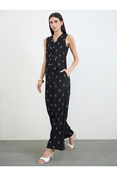 Styli Black Printed Wide Leg Pants with Side Pocket