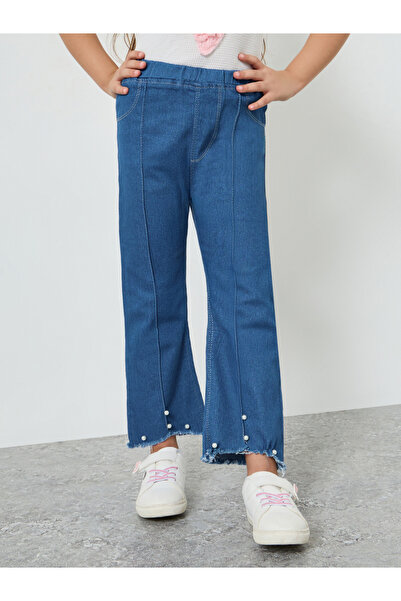 Styli Girls Blue Flare Jeans with Pearl Detail