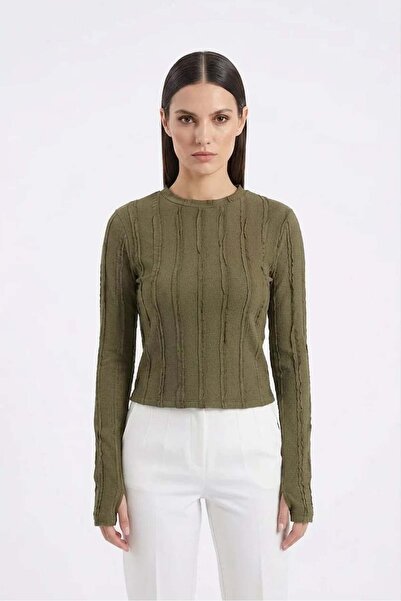 Generic Brand Women's Round Neck Textured Khaki Blouse