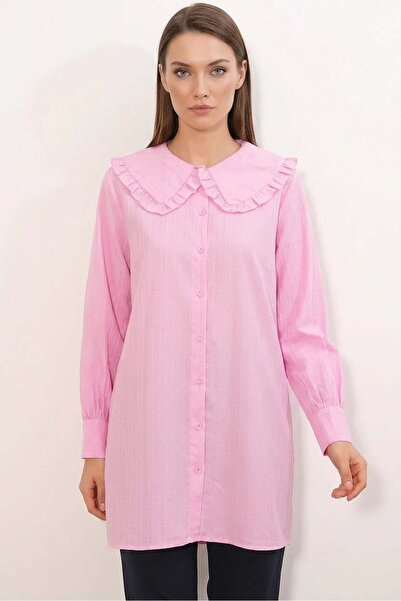 ALFA AKSESUAR 03 Women's Wide Collar Ruffle Detailed Striped Pink Tunic Shirt