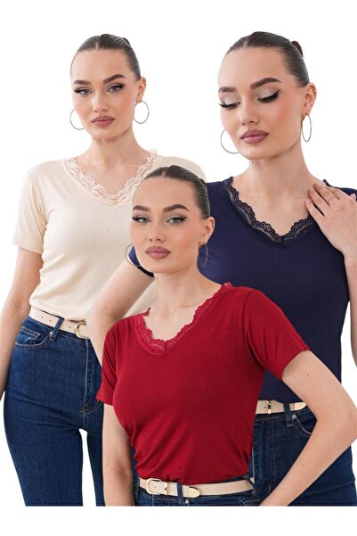 bykombincim V Yaka Dantelli Viskon BODY 3'LÜ KOMBİN