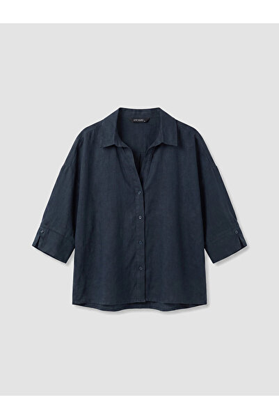 LC Waikiki Navy Blue Oversize Women's 100% Linen Shirt
