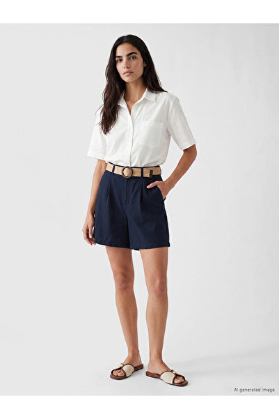 LC Waikiki Navy Blue Regular Fit Belted Women's Pleated Shorts