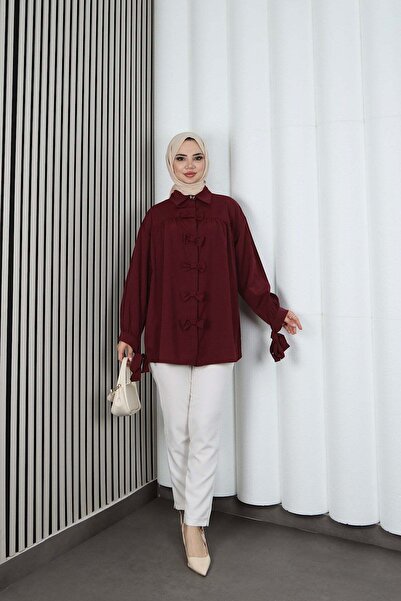 HNT Hayrunnisa Tesettür Fiyonk Detaylı Büzgülü Balon Kol Tunik Bordo HNT2128