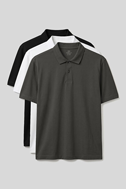 TOMMY LIFE Polo Collar Large Size 3-Pack Black-White-Khaki Men's T-Shirt - 88511