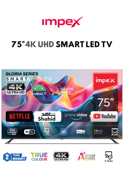 IMPEX تلفزيون جلوريا 75 الذكي بدقة 4K UHD، شاشة LED 75 بوصة، نظام أندرويد، ذا...
