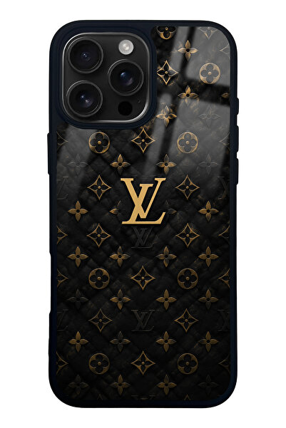 Spoyi iPhone 16 Pro Max Black Gold LV Tasarımlı Glossy Telefon Kılıfı