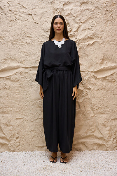 KÜÇÜĞÜM BUTİK Black Linen Loose Blouse and Belted Loose Trousers Two-Piece Se...