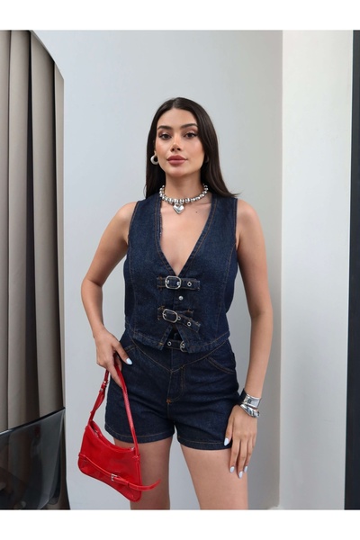 ESRAHELVACI Denim Double Belted Vest Shorts Set