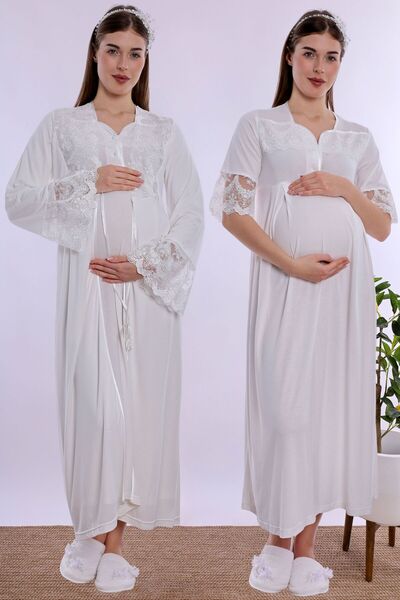 ByLohusa Cotton Maternity Nightgown and Dressing Gown Set with Nursing Featur...