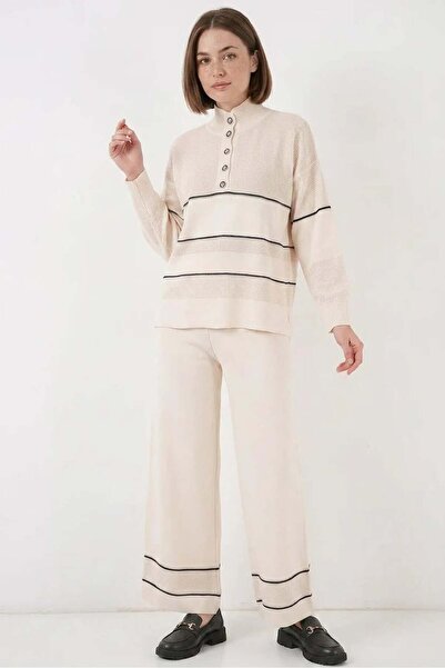 ALFA AKSESUAR 03 Women's High Waist Wide Leg Oversize Striped Knitwear Ecru Set