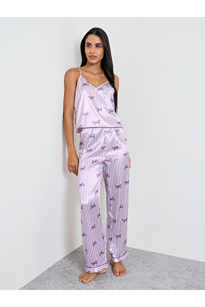 Take Two By Styli Purple Bow Striped Print Satin Cami and Pyjama Set