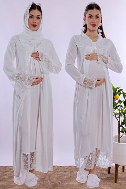ByLohusa Set de cămăși de noapte pentru gravide și postpartum cu hijab și fun...