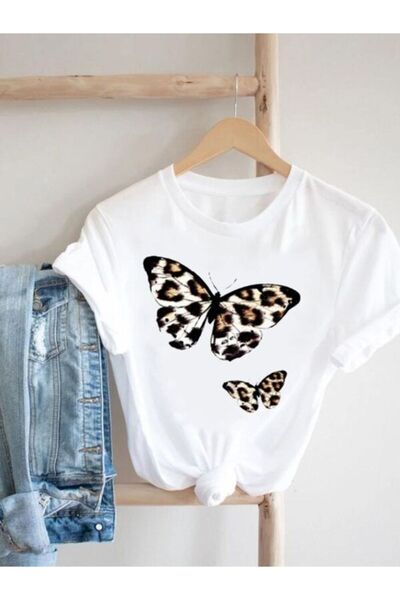 COZYWEAR White Leopard Patterned Butterfly Printed T-Shirt