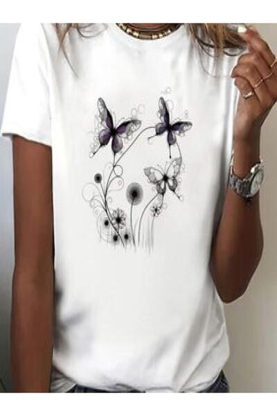 COZYWEAR Butterfly and Floral Pattern Printed T-Shirt