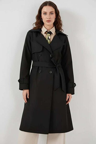 ALFA AKSESUAR 03 Women's Double Breasted Collar Belted Black Trench Coat