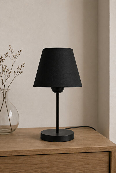 Eslight Modern İskandinav Tarz Siyah Ayak Komodin Lambası Siyah Başık Abajur R14