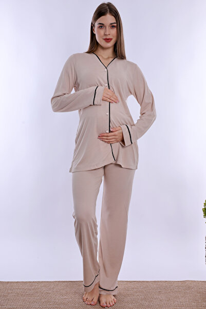 ByLohusa Adjustable Waist Detailed Maternity Pajama Set with Breastfeeding Fe...