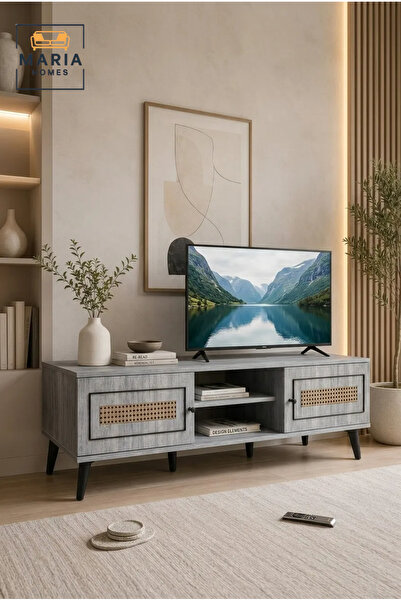 MARIA HOMES Modern Rattan Style TV Unit 180 × 40 × 45 cm – Wooden Entertainme...