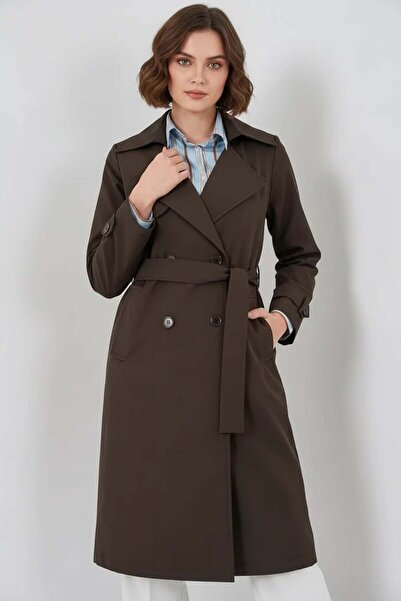 ALFA AKSESUAR 03 Women's Double Breasted Collar Belted Brown Trench Coat