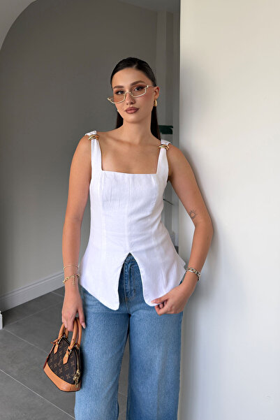 MAGARDE 100% Linen Blouse with Gold Accessories - White