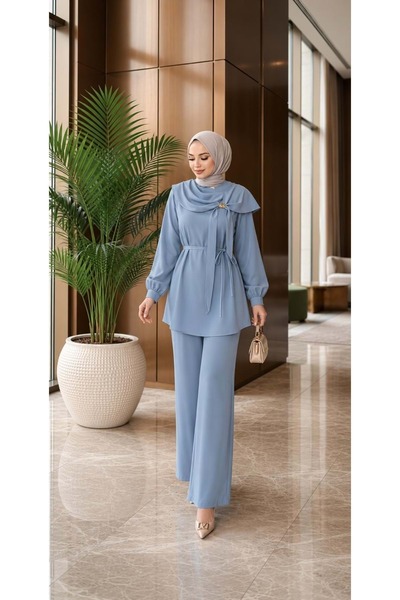 vishne 26Y2307 TAKIM TUNİK PANTOLON YAKASI FULARLI MAVİ