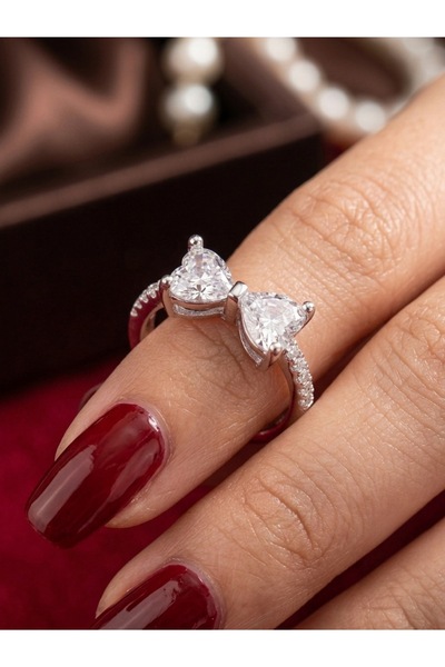 EKİDORA Heart Bow Cut Zircon Stone Adjustable Women's Ring Gold Elegant Styli...