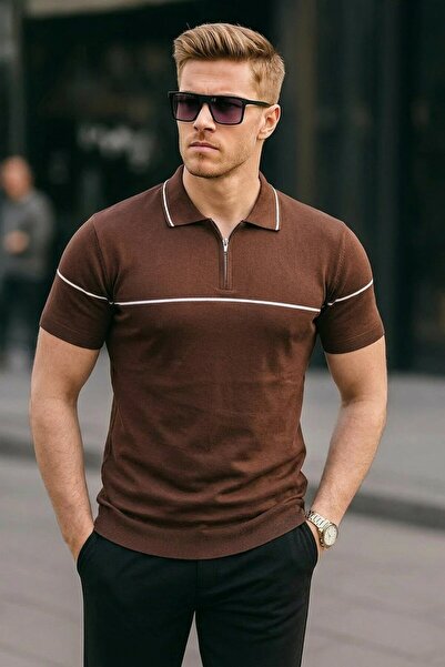 comstar Men's Striped Casual Brown Polo Neck T-Shirt