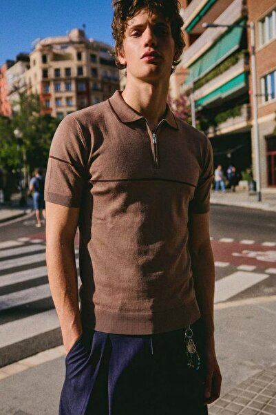 comstar Tricou pentru bărbați, din bumbac, cu dungi, maro închis, cu guler polo